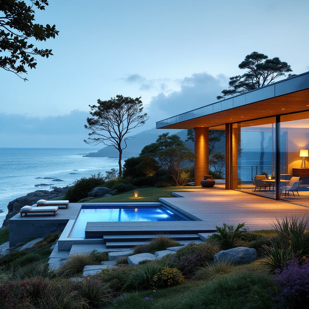 AI generated: Hyper realistic eye level exterior photo of a mid century modern style house overlooking the ocean, ...