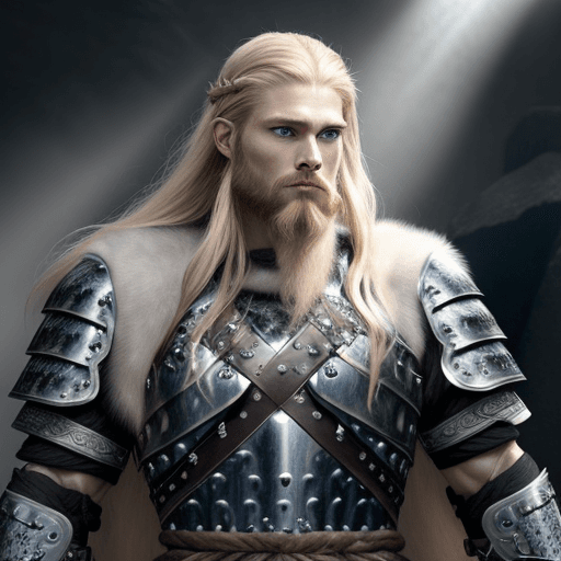 AI generated: Viking male warrior fierce, long blonde hair, long beard, rough pale skin, blue eyes, symmetrical fe...