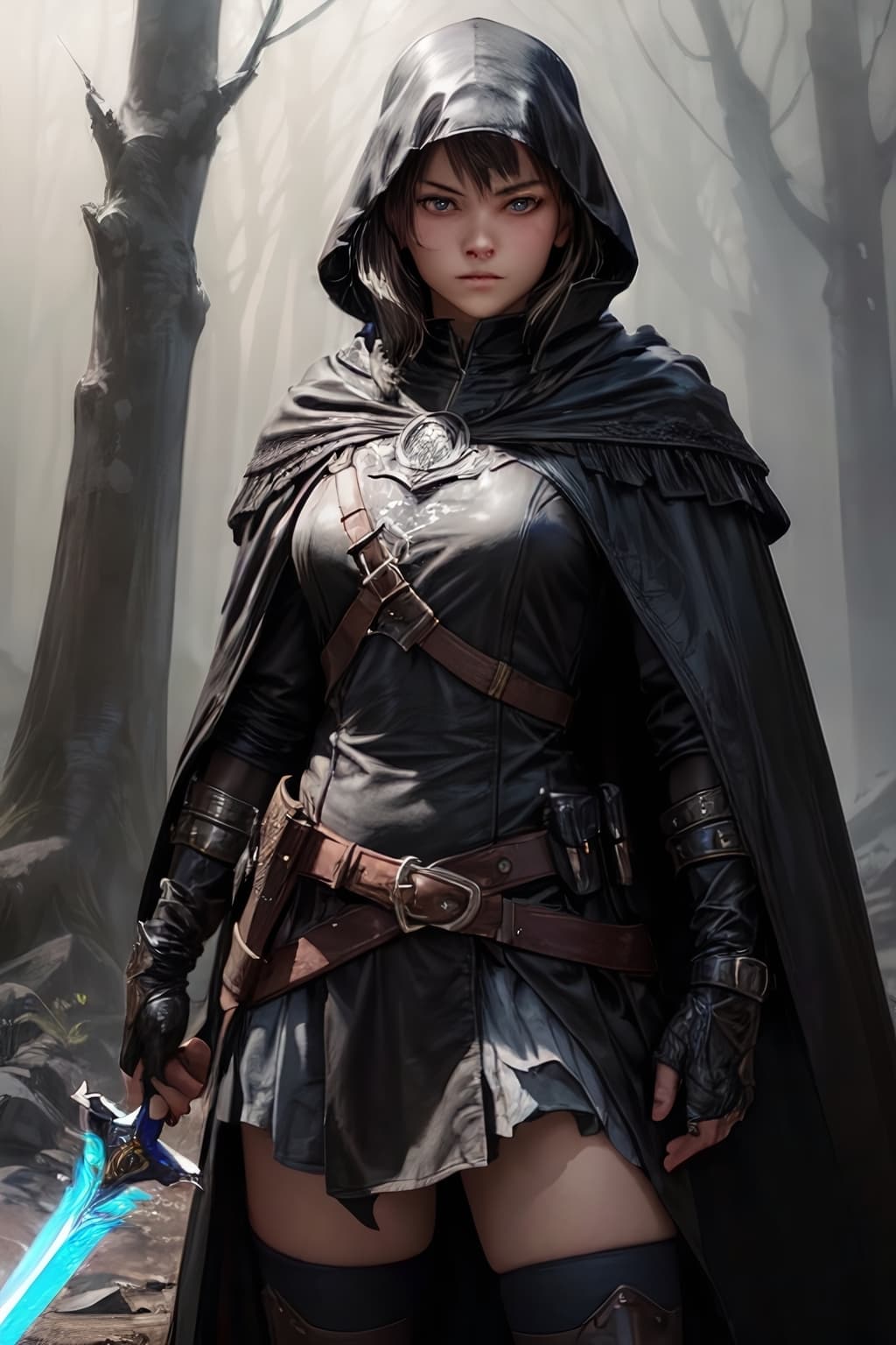 AI generated: portrait of a young ranger man with a cold stare wearing a ((black cloak)) and armor (holding a swor...