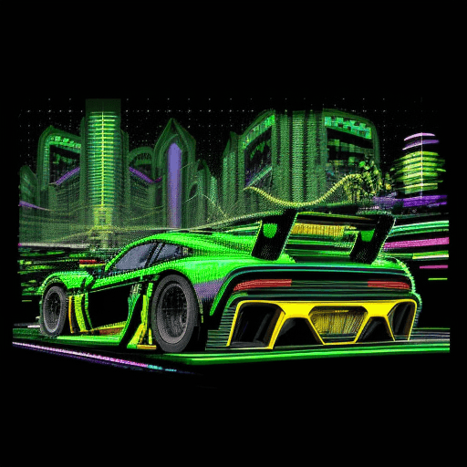 AI generated: A pixelated vector of cars racing, with glitched-out patterns, in shades of green and yellow, in a G...