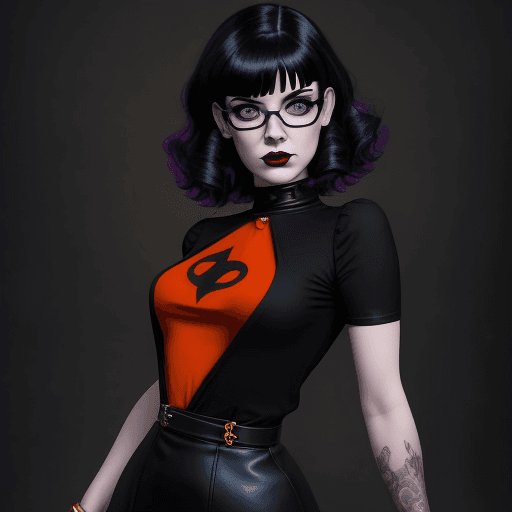 AI generated: goth girl astestic, velma from scooby-doo, a woman wearing eye glasses and an orange top, goth style...