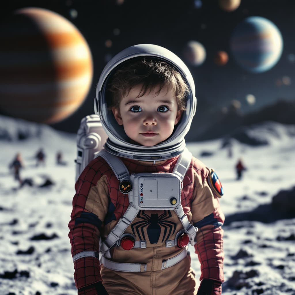 AI generated: "A realistic and high-quality image of a 3-4 year old child wearing a Spider-Man themed astronaut su...