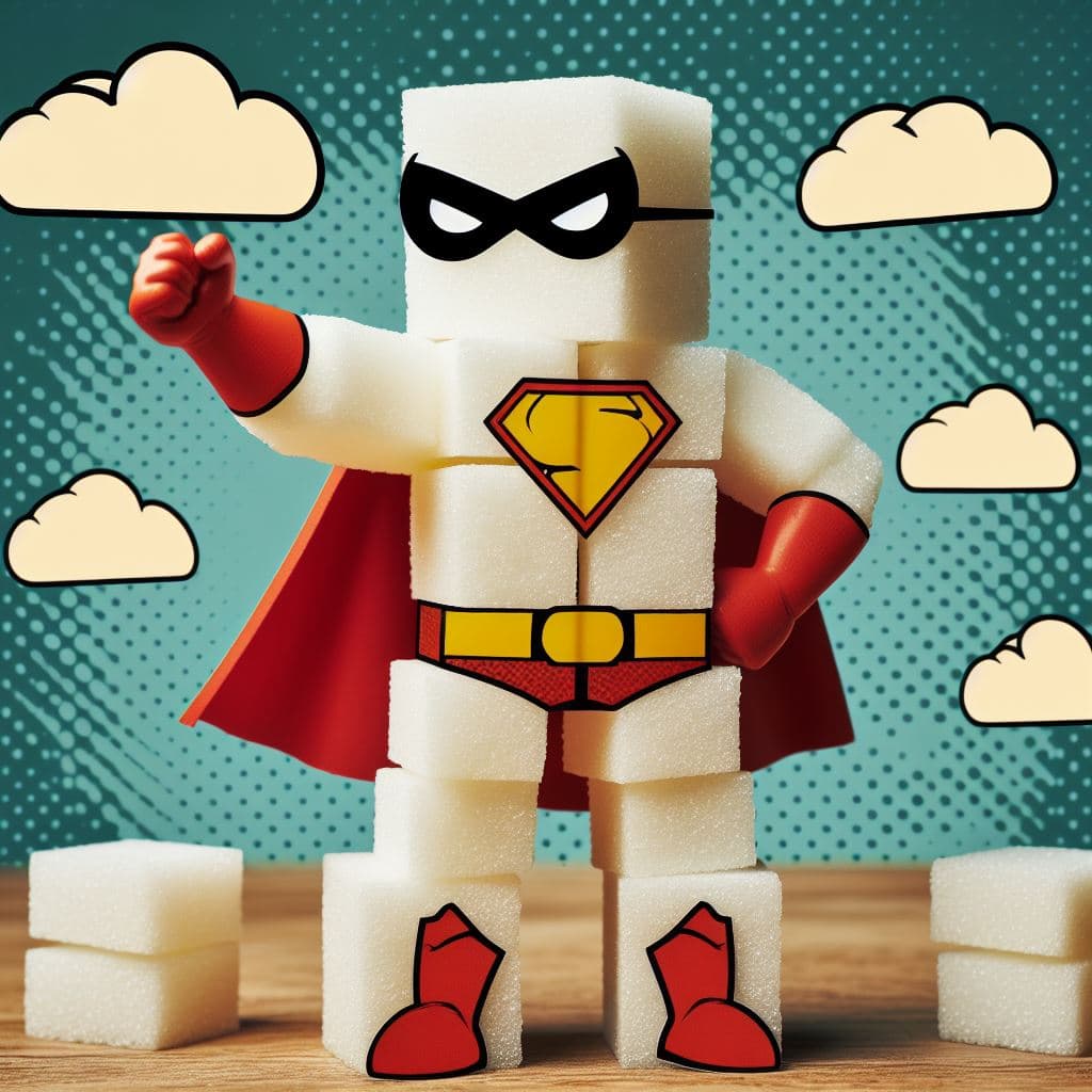 AI generated: A stack of sugarcubes acting like a superhero, comic style