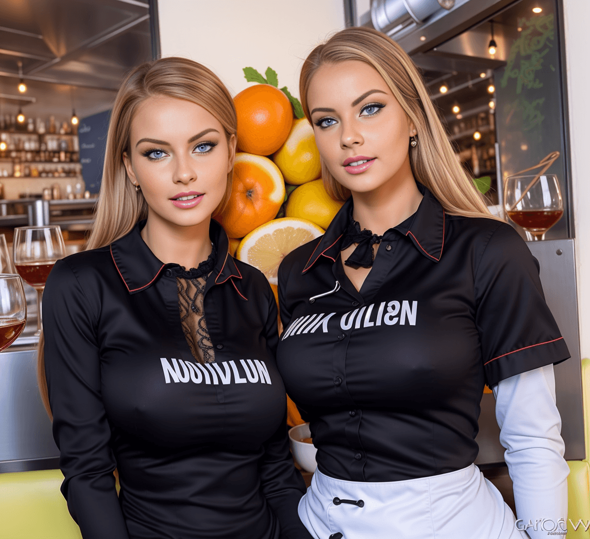 AI generated: a portrait photo of Sexy busty waitress with skintight blouse. Big breasts. Deep cleavage. German sk...
