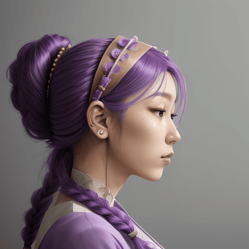 AI generated: A woman with purple hair styled in a side braid and adorned with modest hair accessories. She should...