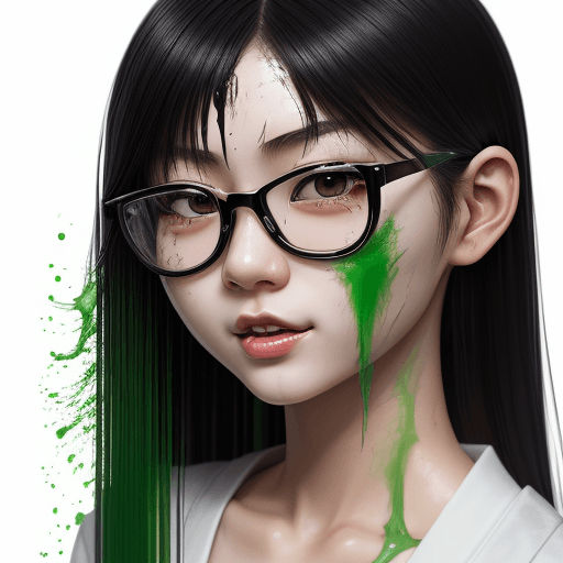 AI generated: japanese GIRL WITH BLACK GLASSES, HAIR WITH GREEN STRIPS, WITH WHITE VISCOUS FLUID ON HER FACE, FACE...