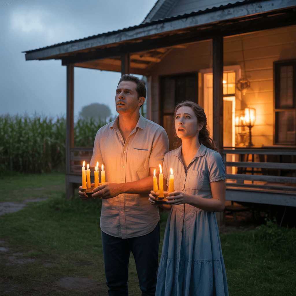 AI generated: A realistic horror scene of a frightened Brazilian couple holding candles on a rural porch, looking ...