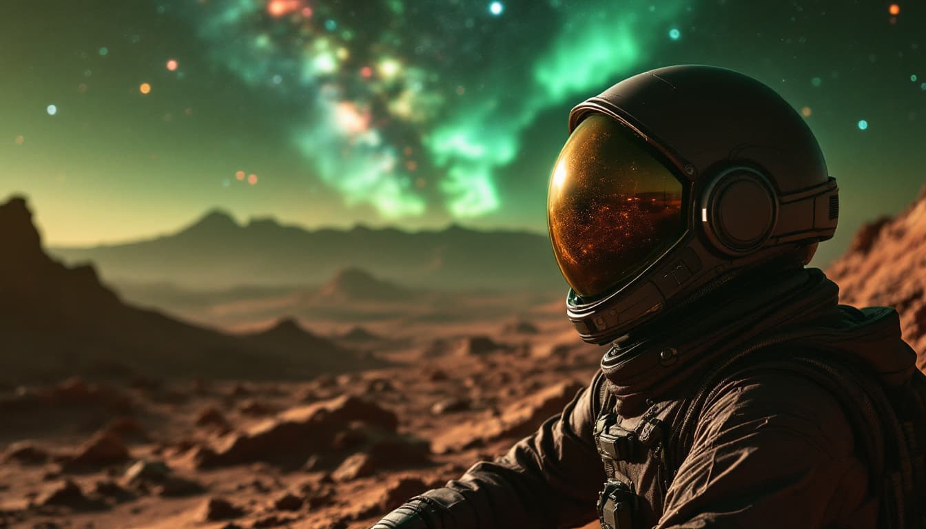 AI generated: Photographie réelle. Un humanoïde extra terrestre vert sur Mars, la terre dans le ciel, Il regard da...