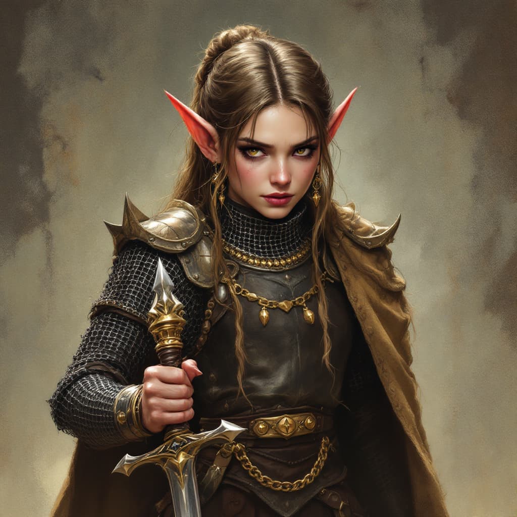 AI generated: round ears, dungeons and dragons female halfling, full chain mail armor, mace, 