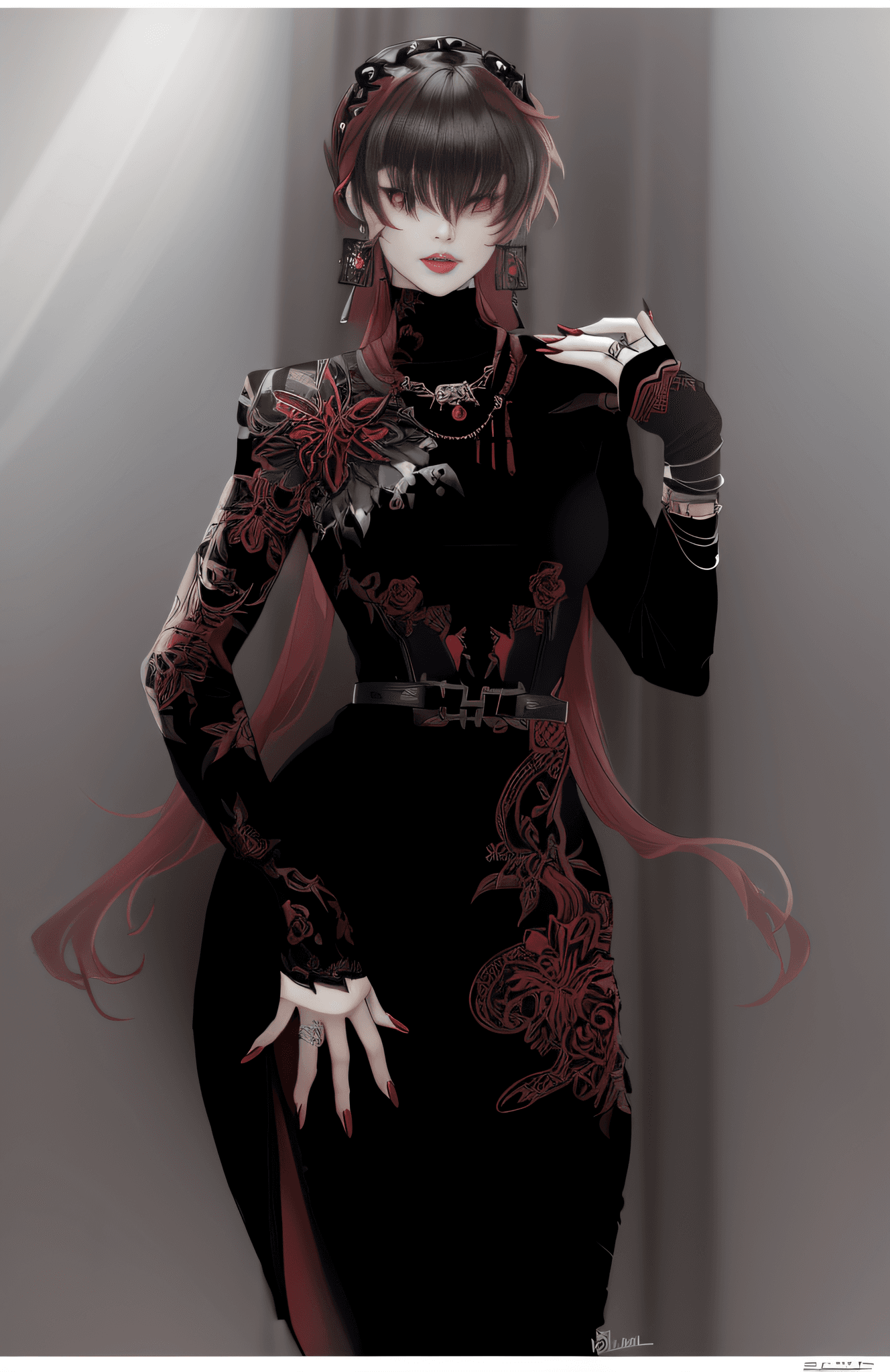 AI generated: a close up of a woman in a black dress with red hair, 1 7 - year - old anime goth girl, anime charac...