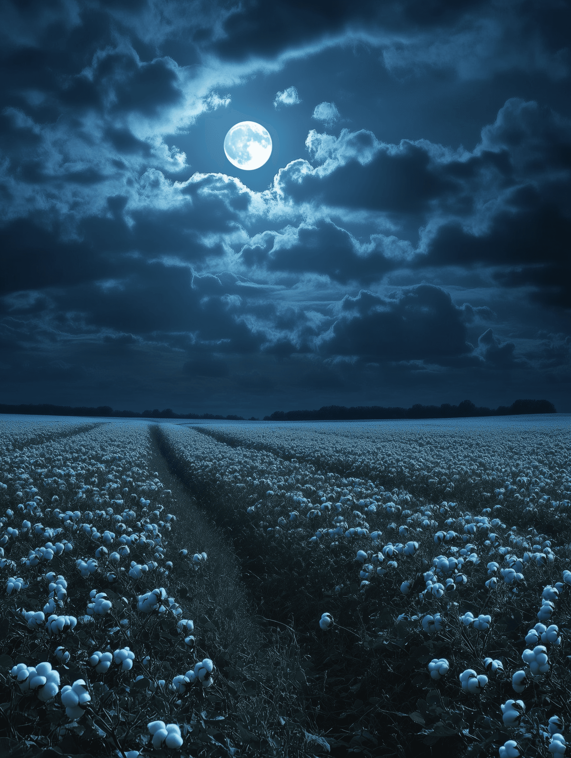 AI generated: In the distance, there is an endless field of white cotton blossoms in full bloom under a dark sky w...