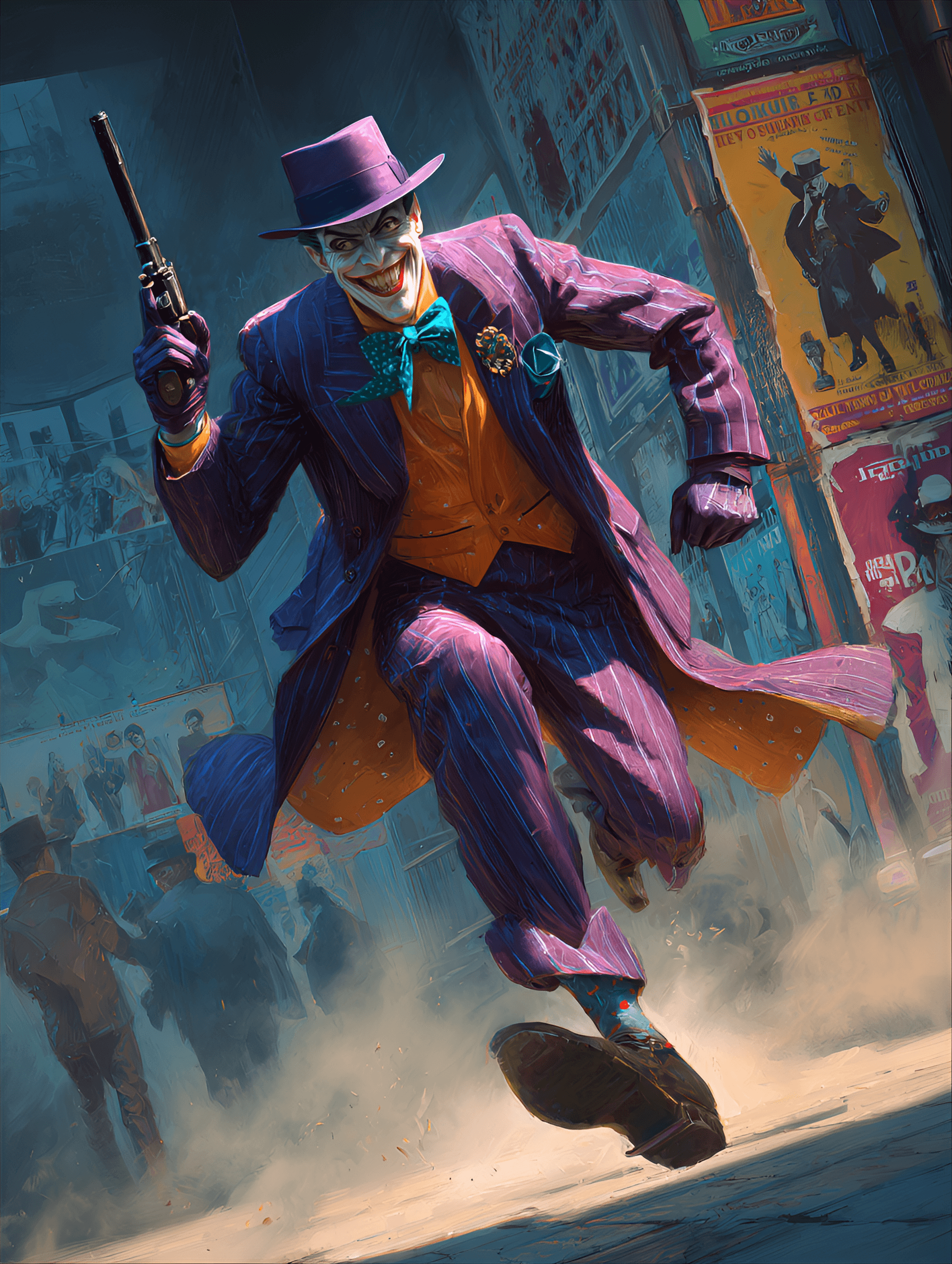 AI generated: The Joker, Caucasian male, mid-30s, wearing a classic purple pinstriped suit, orange waistcoat, and ...