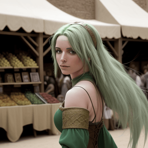 AI generated: A high definition medieval photo of a Desert Realm desert dancer green hair in a medieval market set...