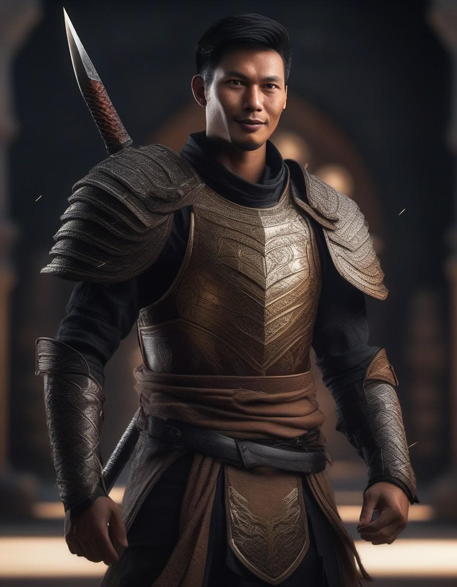 AI generated: brutal man warrior, smile evil::4 intricate armor, intricate weapon, dark tones palette, battlefield...