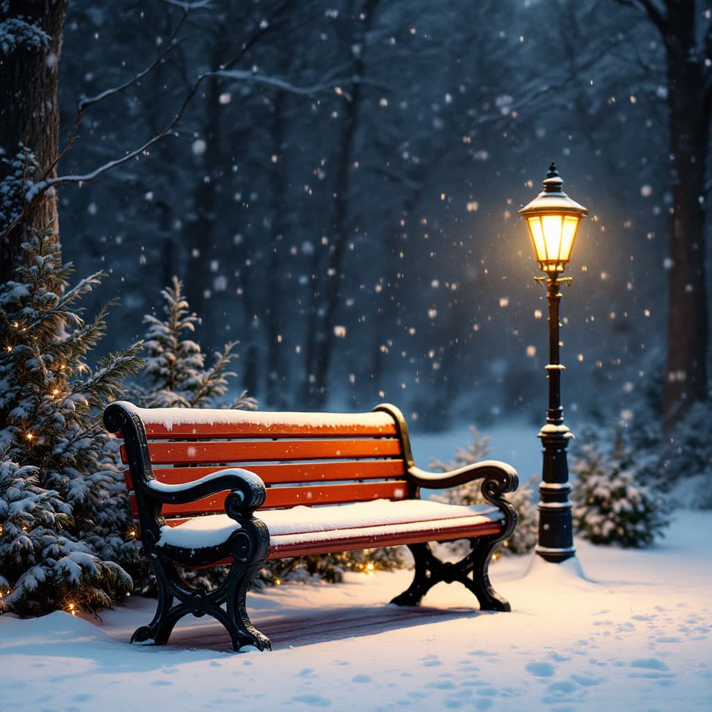 AI generated: Christmas bench, with street lamp illuminating, while snow falls, cover, detailed 4k.