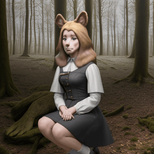 AI generated: Hyperrealistisch beeld van een vrouw met een kleine, vriendelijke hond in het bos

