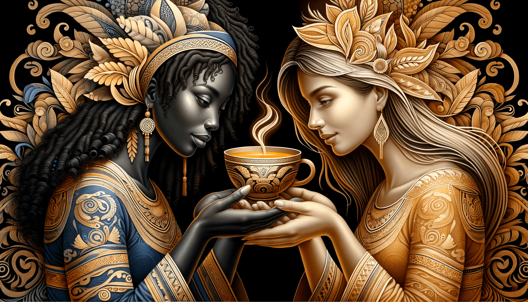 AI generated: style Dayak art, high resolution, two women hold a tea cup