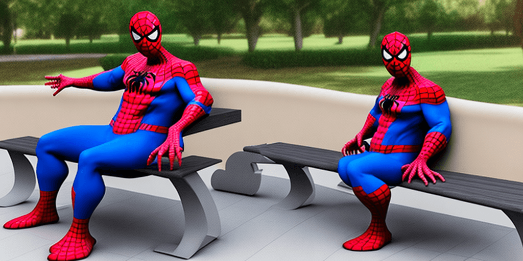 AI generated: realistic, fat and ugly spiderman sitting on bench