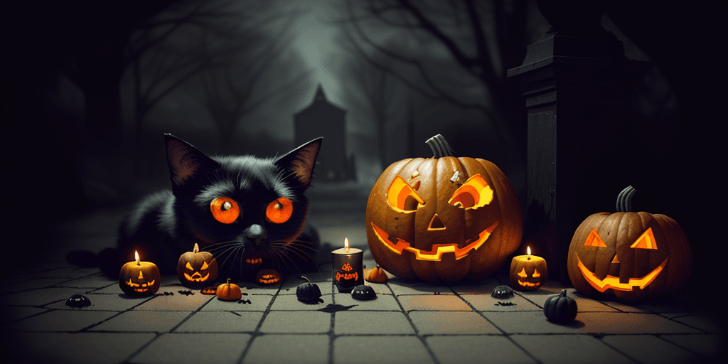 AI generated: There is a Halloween pumpkin on the ground, there is a ghost, there are colorful candies on the grou...