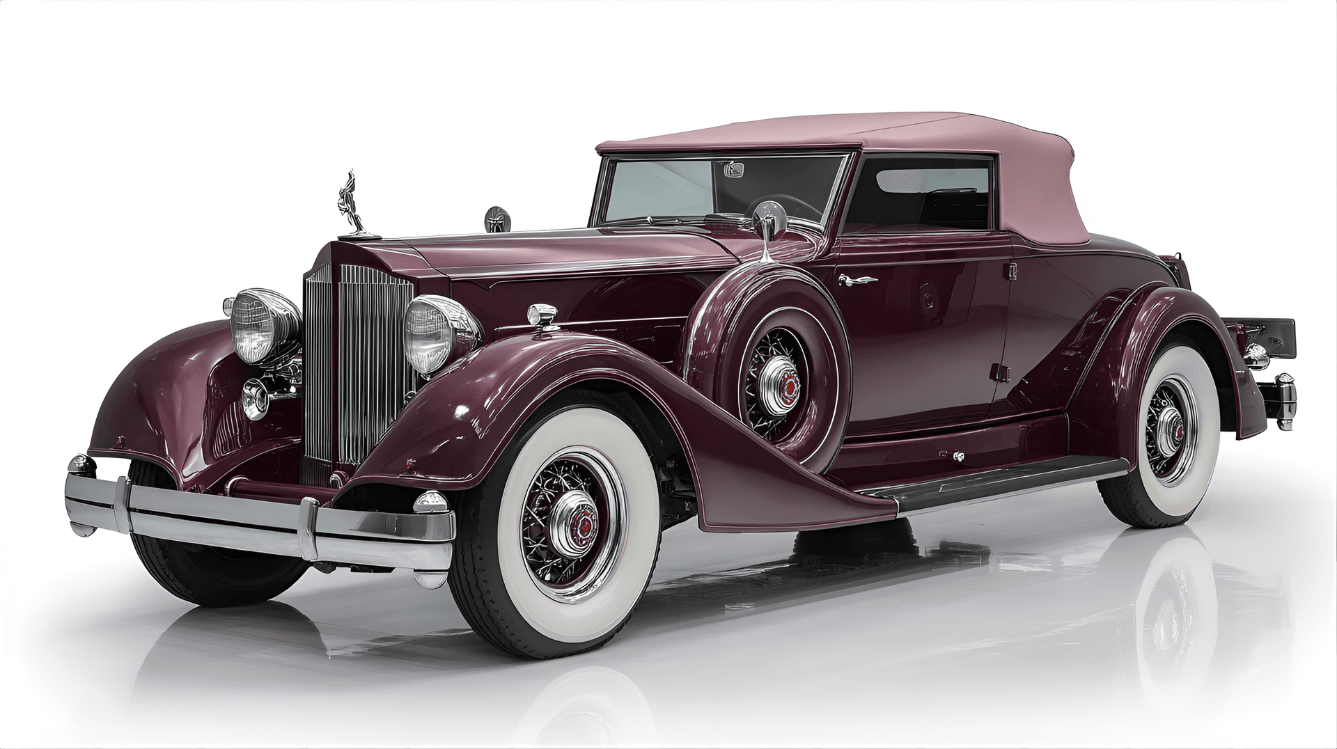 AI generated: 1934 Packard Twelve convertible, rendered in deep maroon, showcasing its long hood,
luxurious chrom...