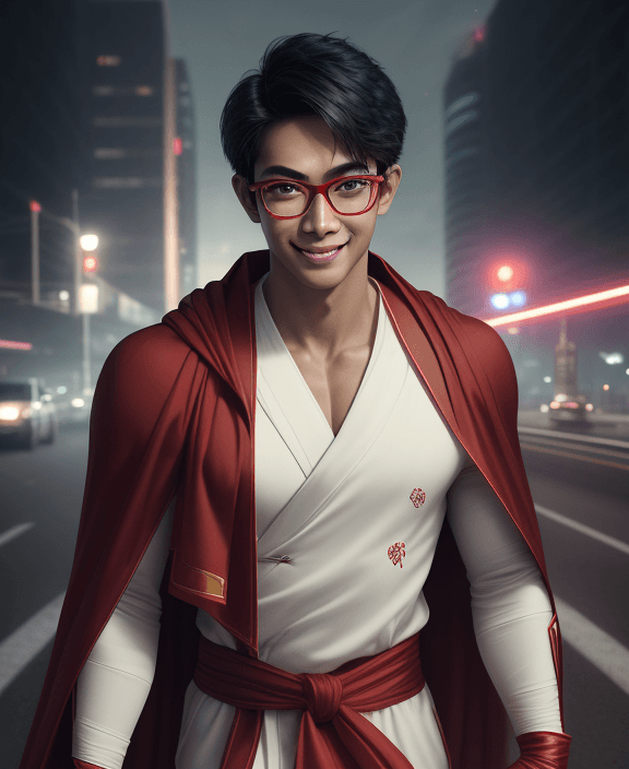AI generated: epic realism, superhero from Indonesia, handsome, handsome boy, young, young boy, wearing glasses, p...