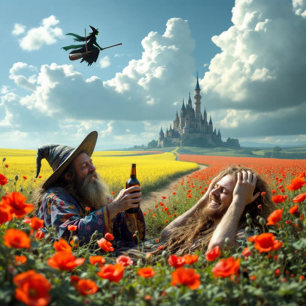 AI generated: a totally wasted  hippie with a dopey grin partly closed eyes is  in a field of poppies laying prone...