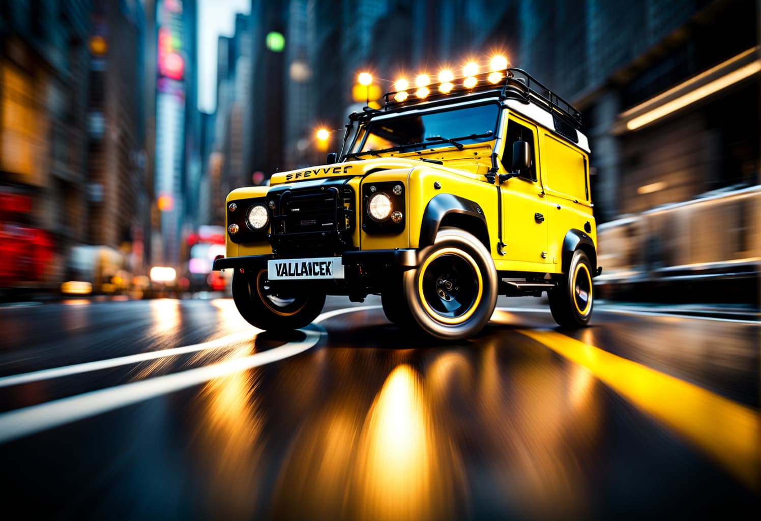 AI generated: cinematic CG 8k wallpaper, close up, dynamic scene, ultra realistic sunbeam yellow valiance land rov...