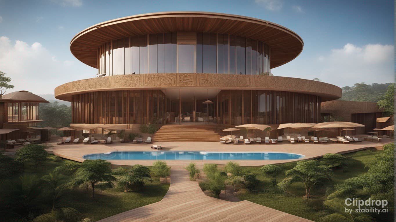 AI generated: a magnificent modern ecotourism site with a design of the peoples of Cameroon, swimming pools and be...