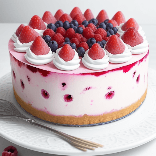 AI generated: Double-layered berry cheesecake, the bottom layer is light cream cheese, which is milky white and as...