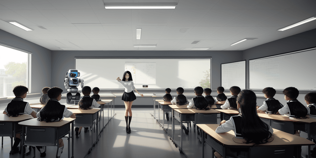 AI generated: A panoramic view of a cyber and future style classroom, gorgeous teacher is teaching innovation less...