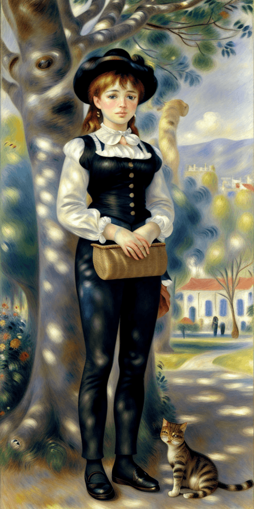 AI generated: Full height front view Portrait of Renoir standing near a tree and looking at the cat sitting near h...