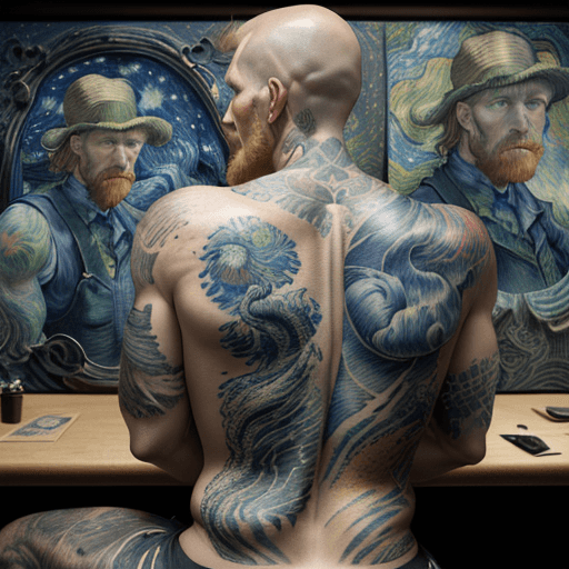 AI generated: Realistic image, Vincent Van Gogh tattooed, looking at the back of a seated man on whose back Van go...