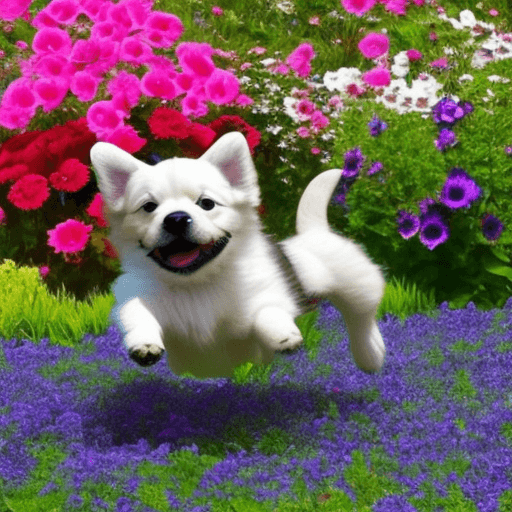 AI generated: Very cute nice  Puppys try to Catch the propellers near flowers garden