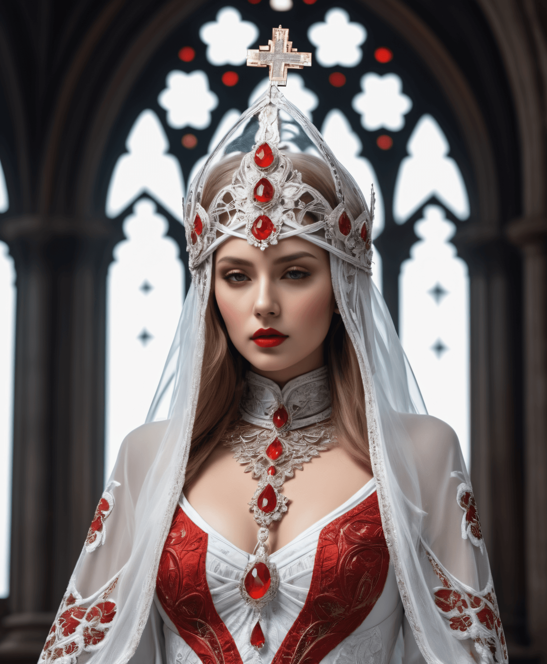 AI generated: the goddess in the style of gothic futurism, dark white and light red, hyper-detailed illustrations,...