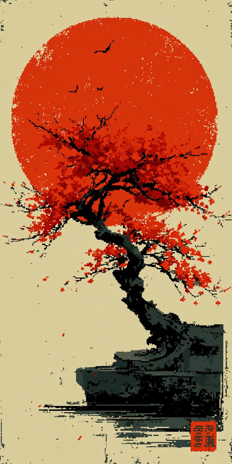 AI generated: Cherry blossoms and the moon in the style of Ukiyo-e, delicate brushwork, ink stamp at the bottom ri...