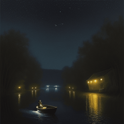 AI generated: A painting of someone alone, into a boat down the river when is dark but we can see fireflies