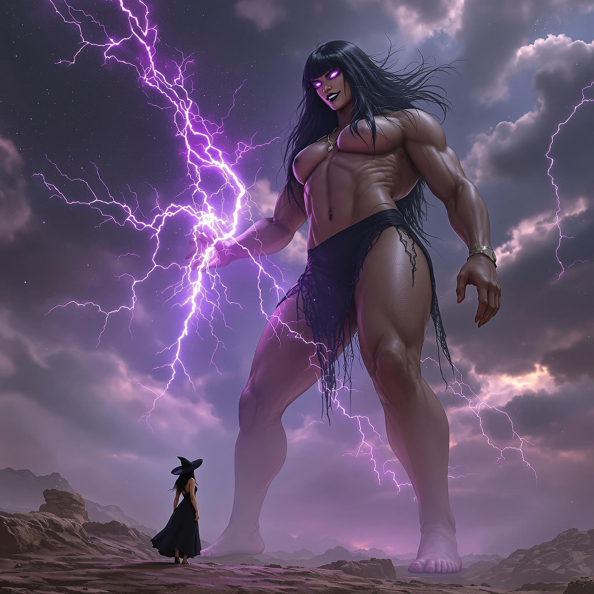 AI generated: enormous giantess female Rhea Ripley from WWE with black medium length hair and straight bangs, bigg...