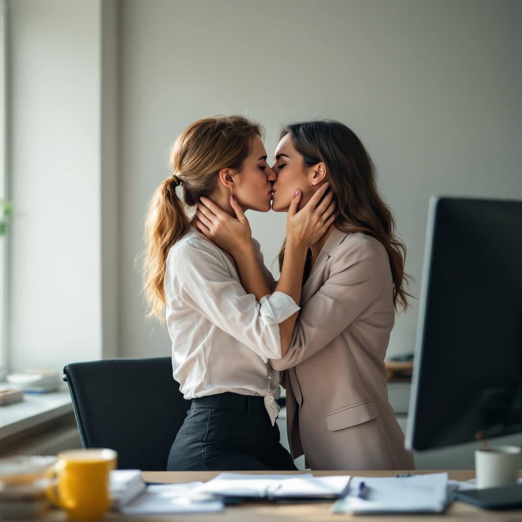 AI generated: Two lesbian women sharing a passionate kiss in an office, standing by a desk. One woman holds the ot...
