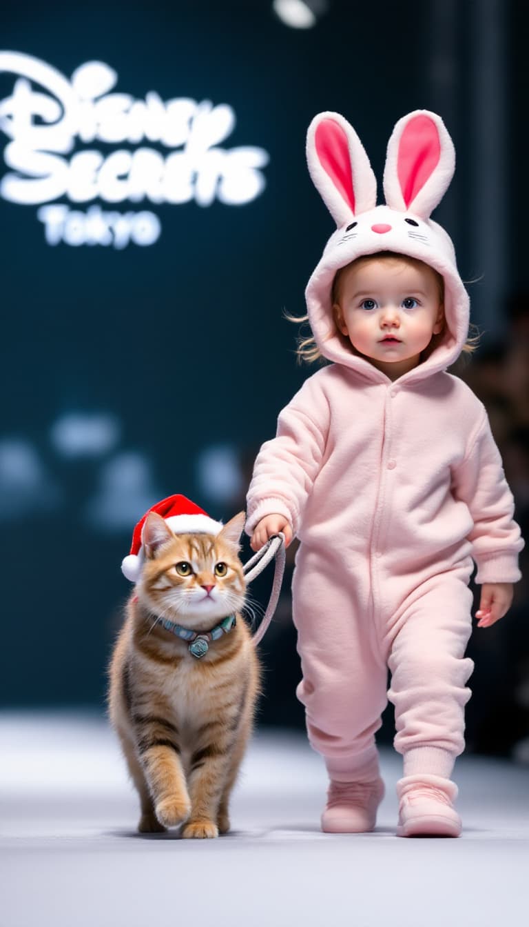 AI generated: A baby dressed in bunny pajamas leads a pet cat on a leash while walking at a Tokyo fashion show, th...
