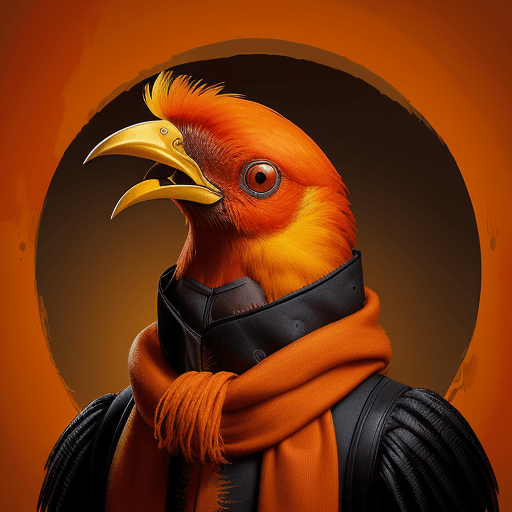 AI generated: a bird in clothing with an orange hair and a scarf, dark yellow and red, chen zhen, caras ionut, pop...
