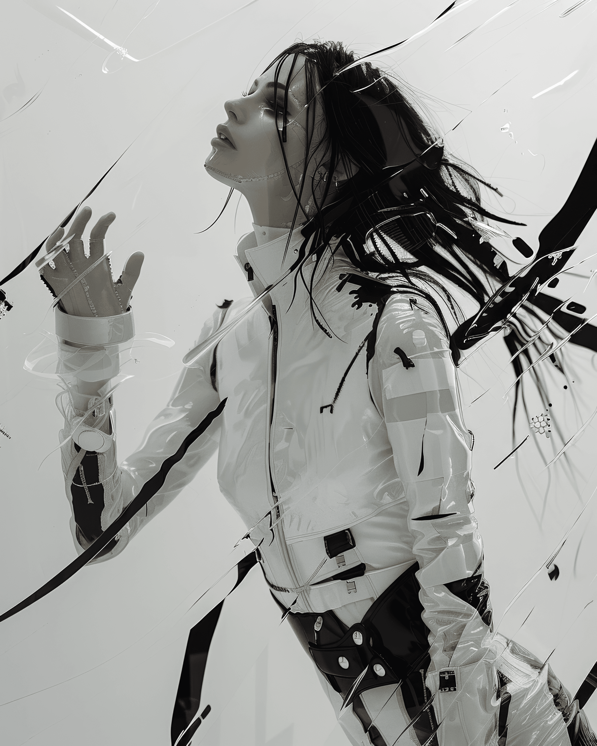 AI generated: a woman in a black and white outfit, in the style of futurist dynamic movement, cut/ripped, vibrant,...