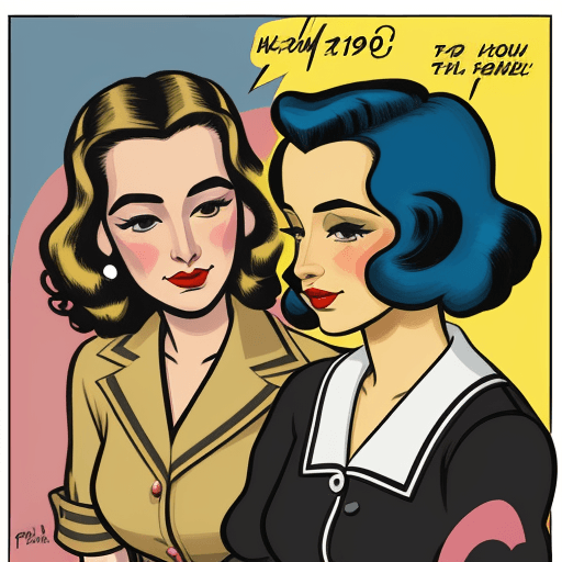 AI generated: two women talking, 1940s hair and makeup, Comic Strip style 1930s era, bold and contrasting palette,...