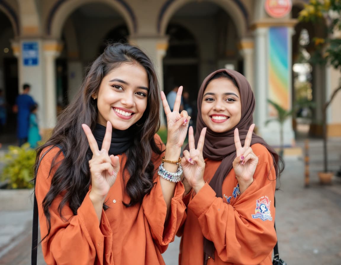 AI generated: Bangladeshi college girls in college dress showing v sign and happy face enjoy