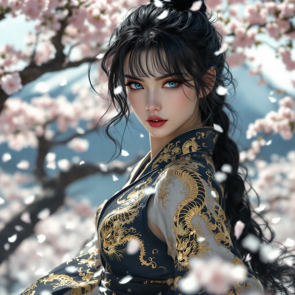 AI generated: a extremely realistic and  beautiful and physically fit Japanese kunoichi, with  curly jet black hai...