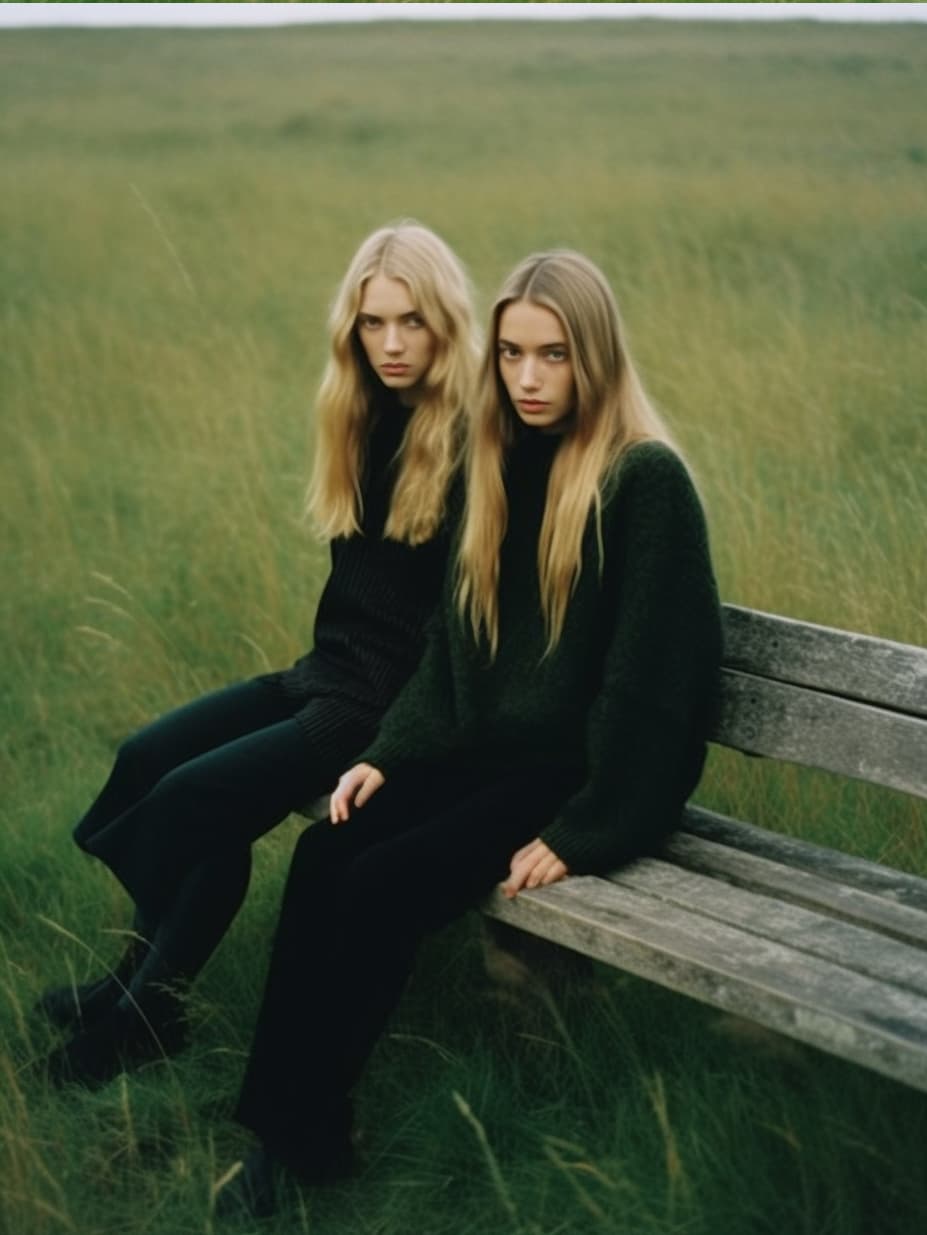 AI generated: a couple of women sitting on top of a wooden bench, inspired by Ren Hang, tumblr, standing in grassy...