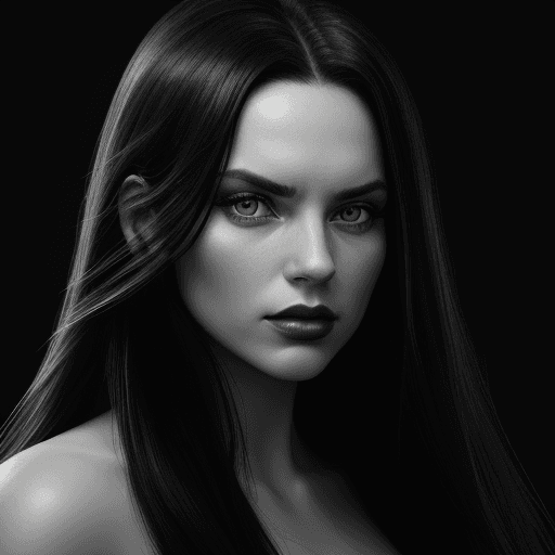 AI generated: hyper realistisch dramatic lighting black and white portrait, of a beautifull  woman with long black...
