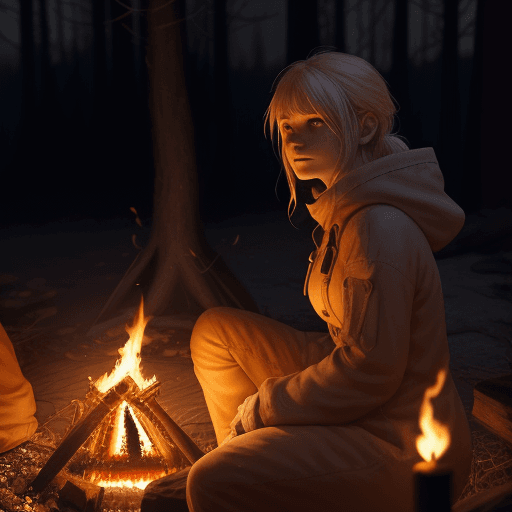 AI generated:  /imagine prompt: 3Danime, personality: Mary sitting by a campfire at night, the flames casting a wa...