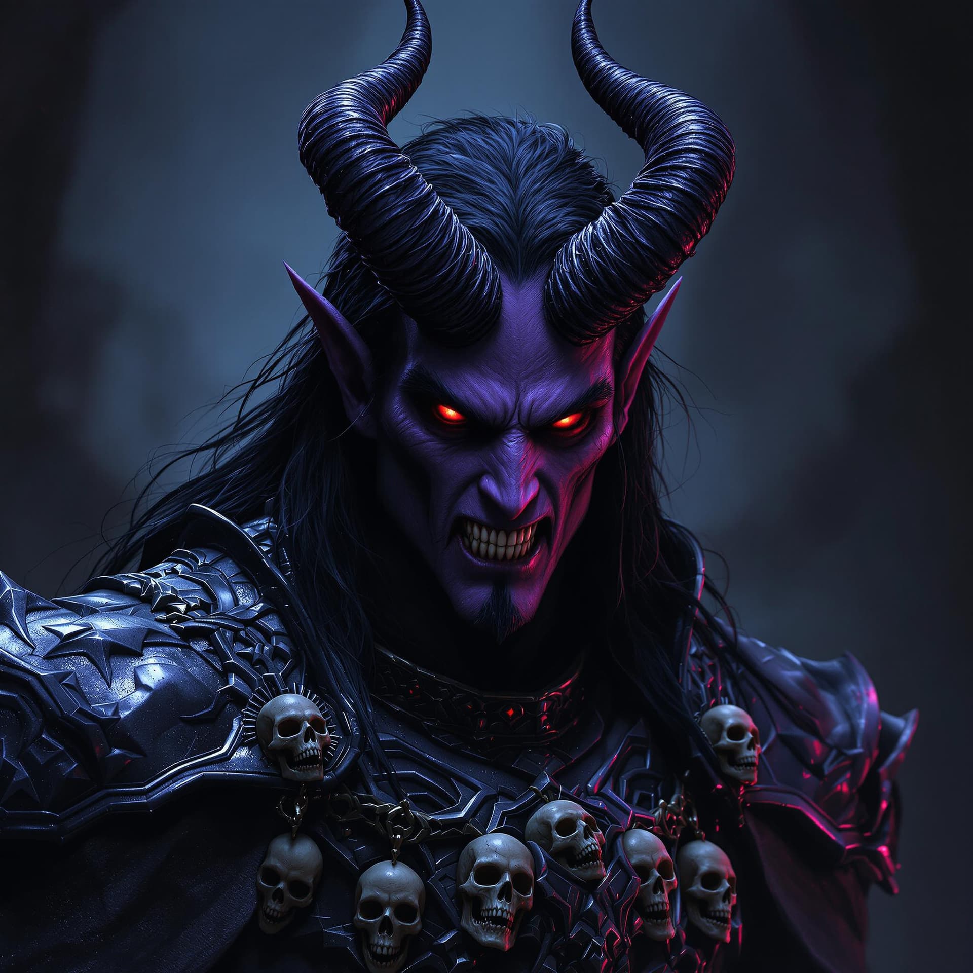 AI generated: His skin dark  purple, eyes burning red, fangs like vampire. with Demon influences and Angel like tr...