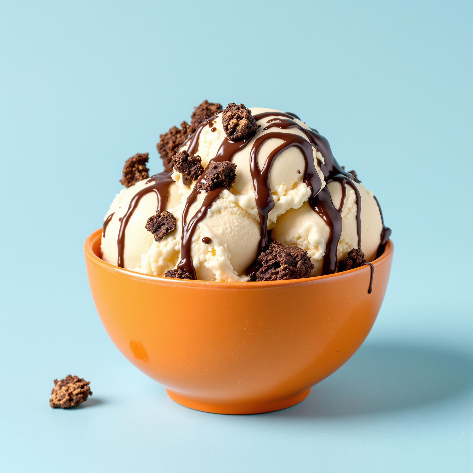 AI generated: The image prominently features a bowl of ice cream, vividly showcased on a plain, light blue backgro...