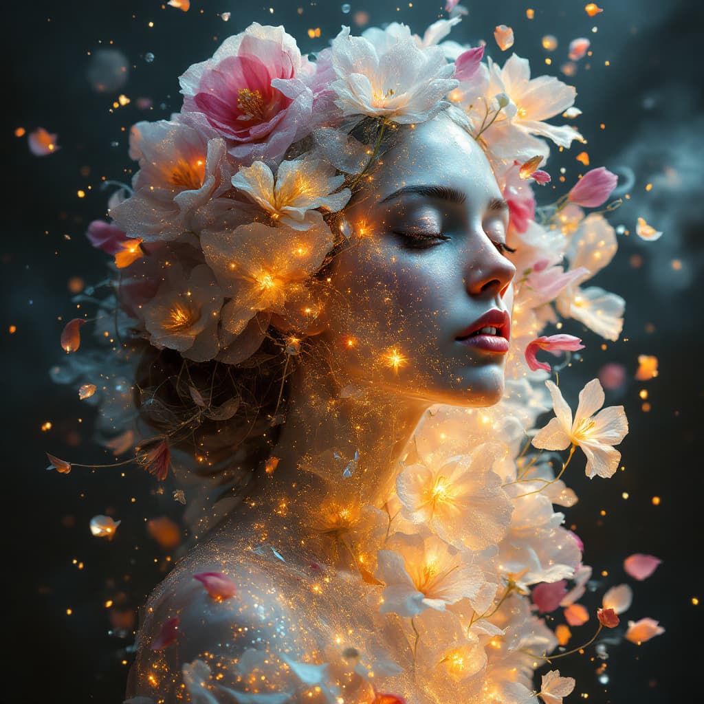 AI generated:  This image depicts a mystical female figure encased in a glittering, crystalline matrix of vibrant ...